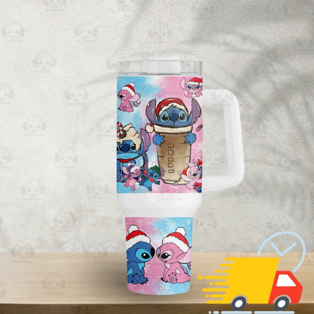 Xmas Lilo and Stitch Disney Cartoon Custom Stanley Quencher 40oz Stainless Steel Tumbler With Handle