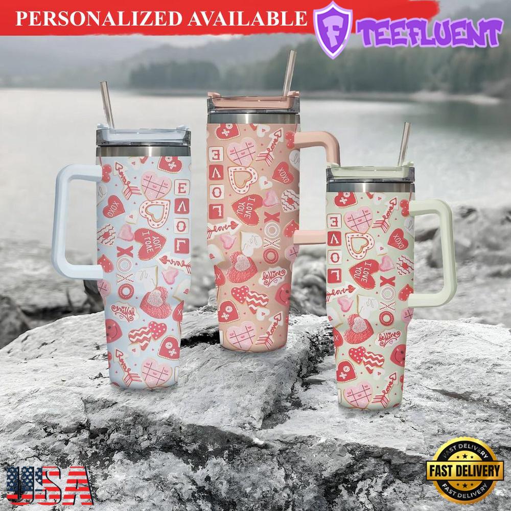 XO Love Tumbler 40oz with Handle and Straw Pink Hearts Tumbler Valentine's Day Tumbler - 40oz Tumbler with Handle
