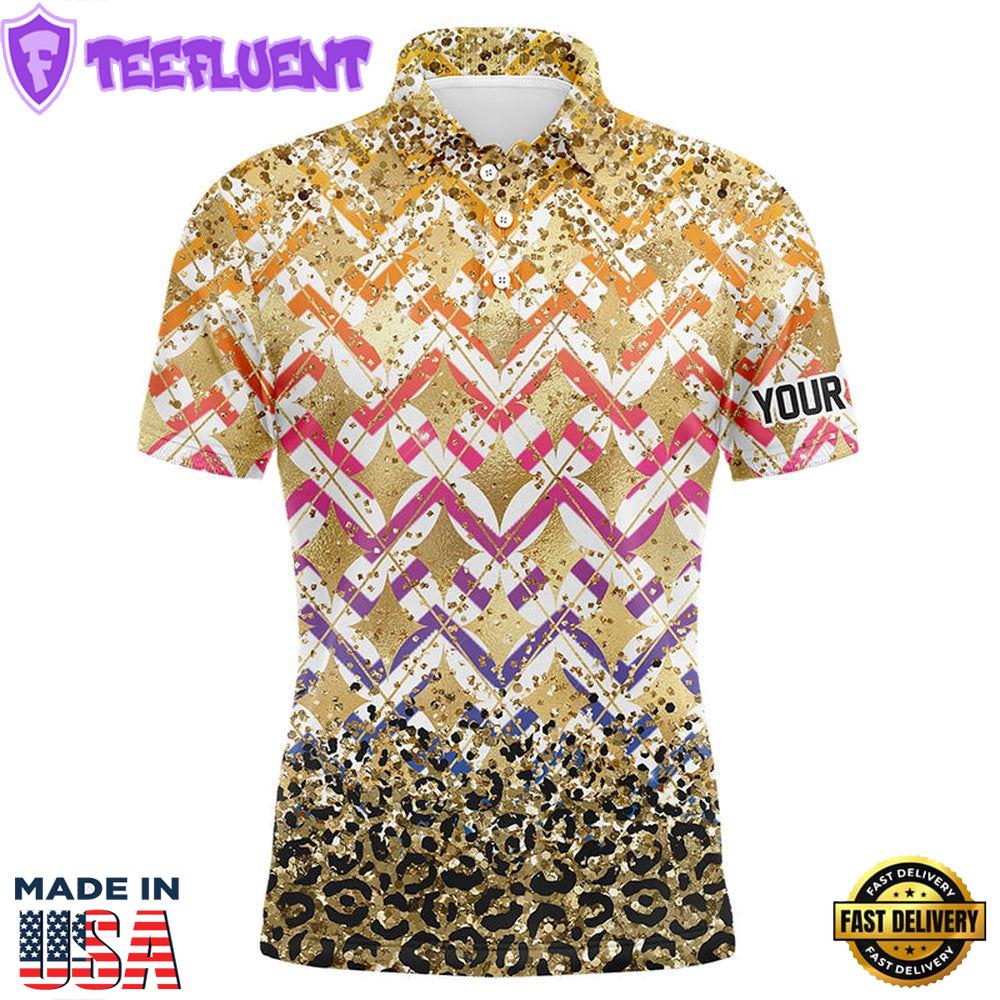 Yellow Glitter Leopard Pattern Mens Golf Polo Shirts Custom Team Golf Top