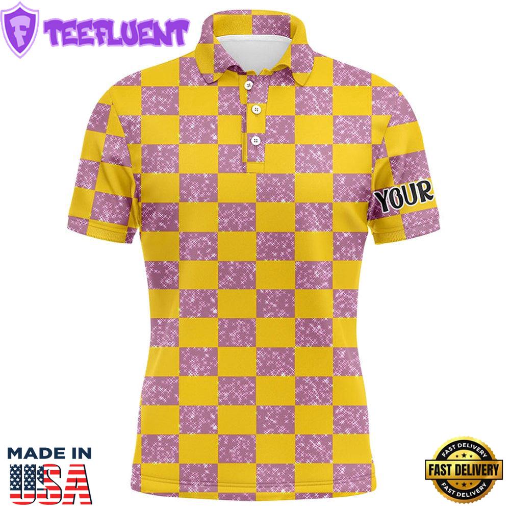 Yellow Purple Twinkle Checkered Plaid Mens Golf Polo Shirt Personalized Golf Gifts For Male Golfer