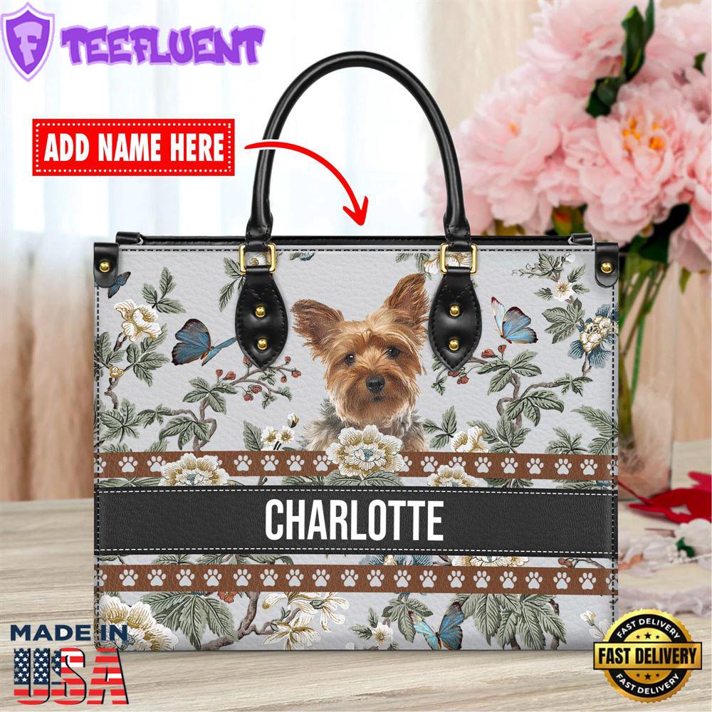 Yorkshire Terrier Dog Bior Leather Handbag With Flowers And Butterfly