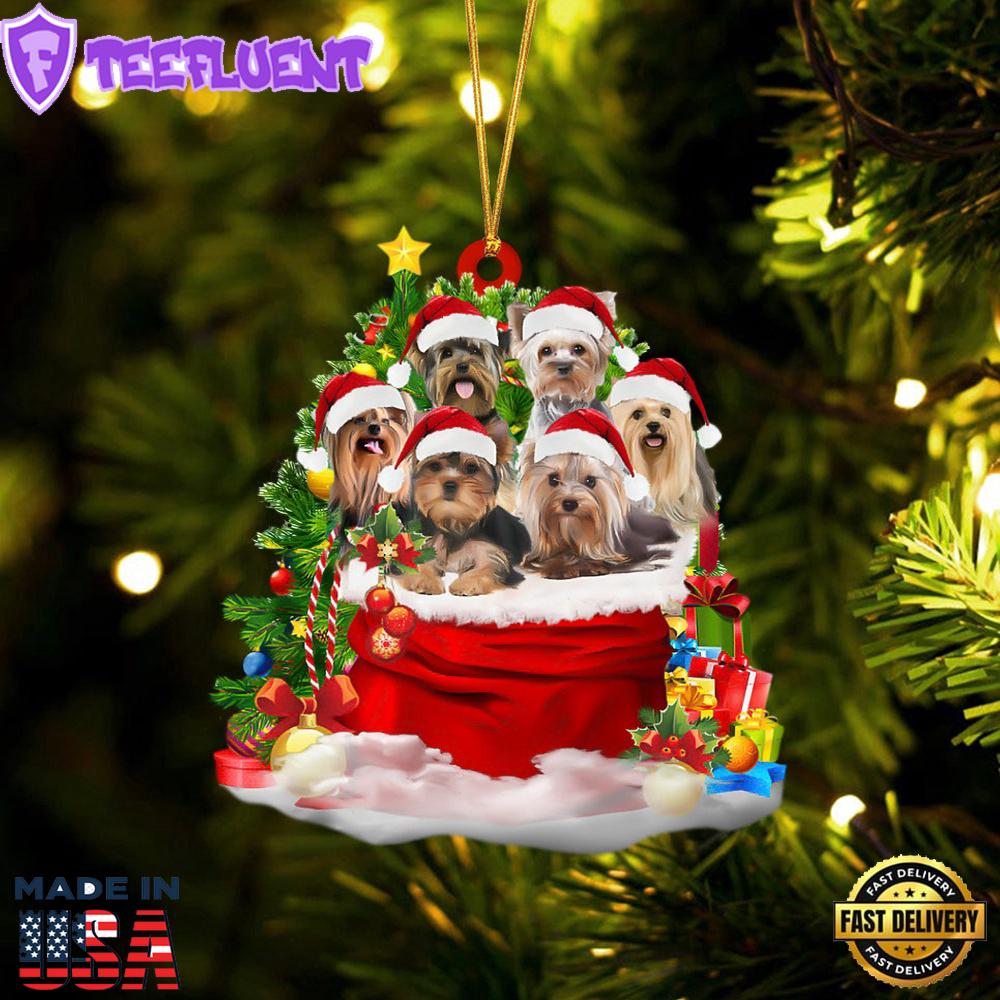 Yorkshire Terrier Dogs In A Gift Bag Christmas Ornament, Gift For Christmas
