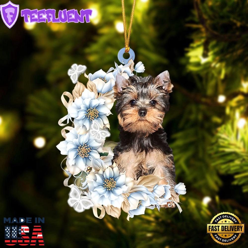 Yorkshire Terrier Flowers Moon Ornament, Gift For Christmas