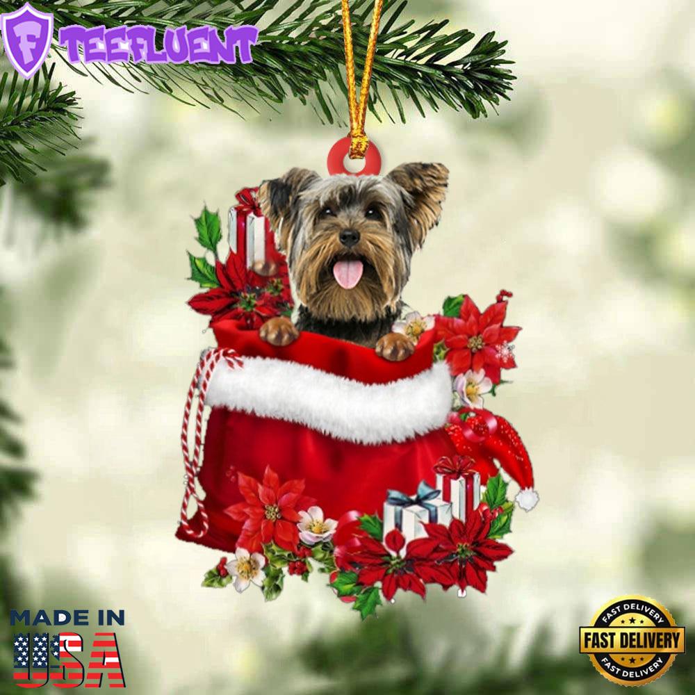 Yorkshire Terrier In Gift Bag Christmas Ornament, Gift For Christmas