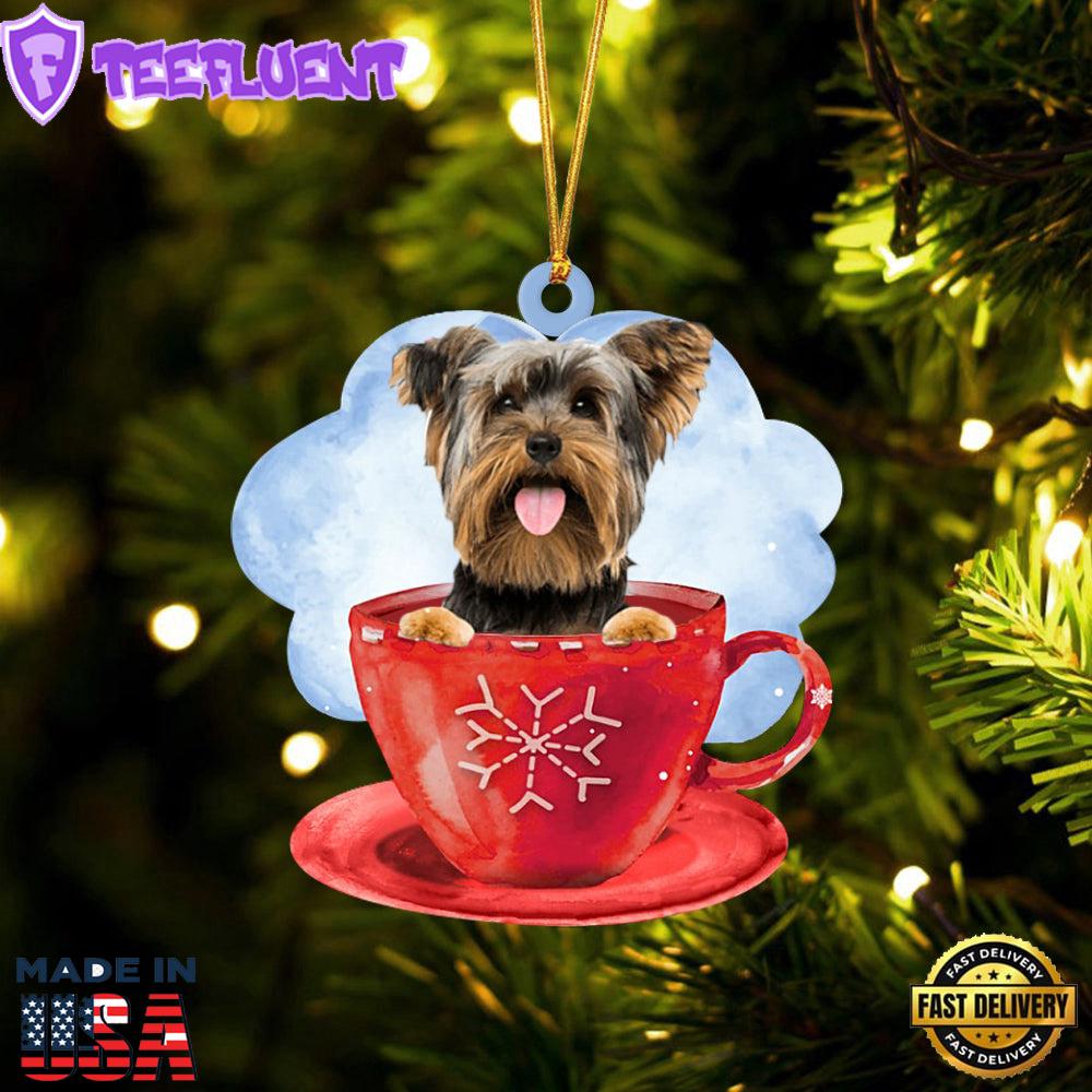 Yorkshire Terrier On The Cup Christmas Ornament, Gift For Christmas