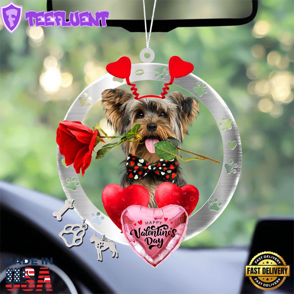Yorkshire Terrier With Rose & Heart Balloon Ornament, Gift For Christmas