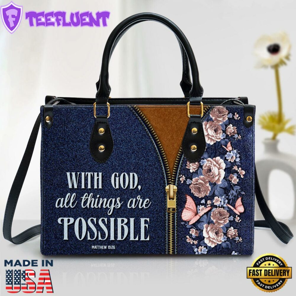 Zippered Leather Handbag With Handle With God All Things Are Possible Matthew 1926 Christ Gifts Leather Bags